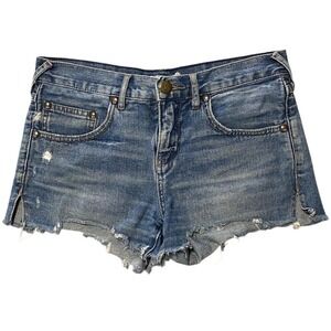 Free People Distressed Denim Cutoff Shorts Blue Studded Low Rise Womens Size 25